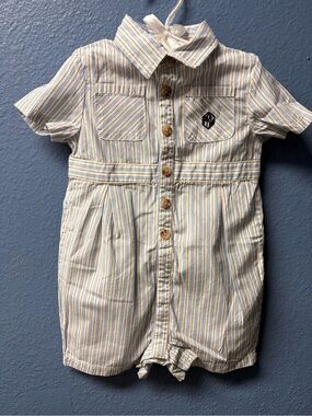 Polo Ralph Lauren Baby Boys Striped Button-Front Romper in Cream & Blue
